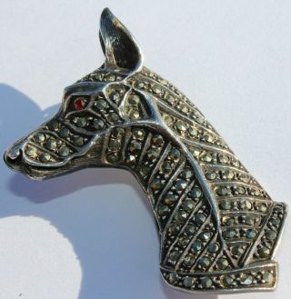 Antique Sterling Marcasite Doberman Pincher Dog Head With Ruby Eyes Brooch Pin