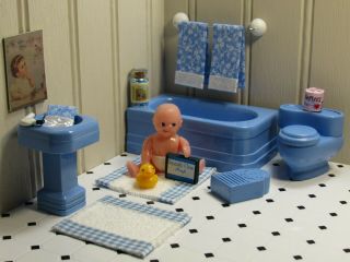 Strombecker Bathroom Set W/ Baby,  Vintage Wooden Dollhouse Furniture,  1:16