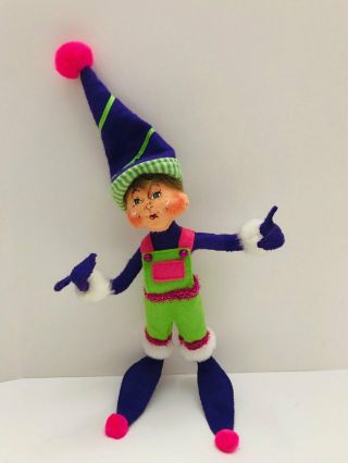 Annalee 8 - 9 " Small Elf Christmas Pixie 2011 Rare Purple & Pink W/ Green Jumper