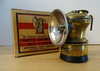 Vintage Brass GUY ' S DROPPER CARBIDE COAL MINERS LAMP with box RARE 3