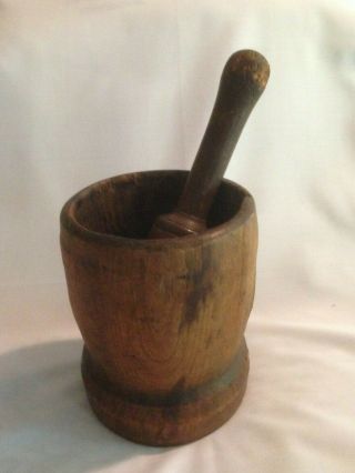 Large Chunky Early American Antique Wooden Hand Carved Mortar And Pestle