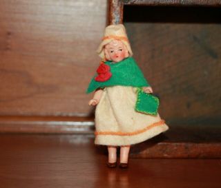 German All - Bisque 1930’s Vintage 4” Girl Doll In Felt Outfit