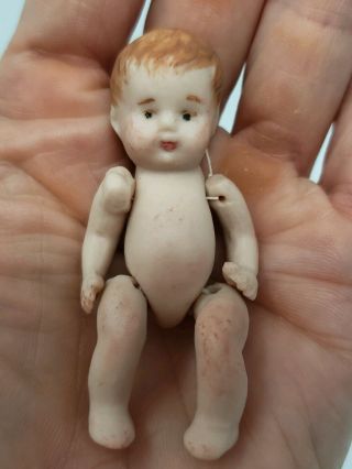 Vintage All Bisque Tiny Miniature Baby Boy Doll " Adorable For Doll House " 2 1/4 "