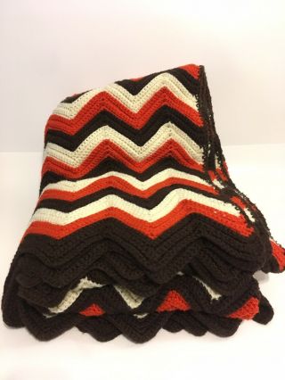 Afghan Crochet Blanket Chevron Zig Zag Fall Gold Orange Brown White Flawed