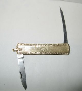 Antique 14k Yellow Gold And Stainless Steel Pocket Knife