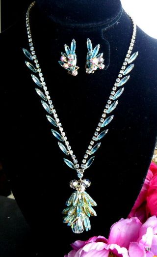 D&e Juliana Rare Aqua Blue Glass Navette Ab Rhinestone Necklace Earrings Set