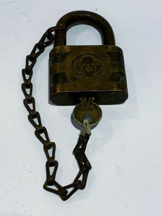Vintage Yale And Towne Padlock Y & T Antique Brass Lock With Key Great