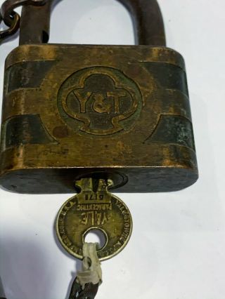 Vintage Yale And Towne Padlock Y & T Antique Brass Lock With Key GREAT 2