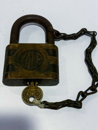 Vintage Yale And Towne Padlock Y & T Antique Brass Lock With Key GREAT 3