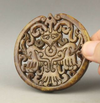Chinese Old Natural Jade Hand - Carved Phenix Pendant 2.  8 Inch