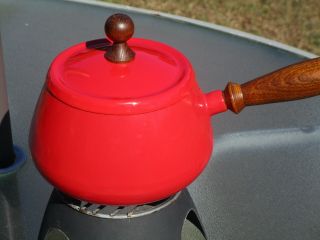 Vintage Styson Fondue Pot & Stand Wood Handles Red Enamel Made In Japan