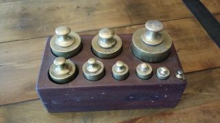 Vintage Brass Kg Scale Weights 9 Piece Set Kilo Wood Box