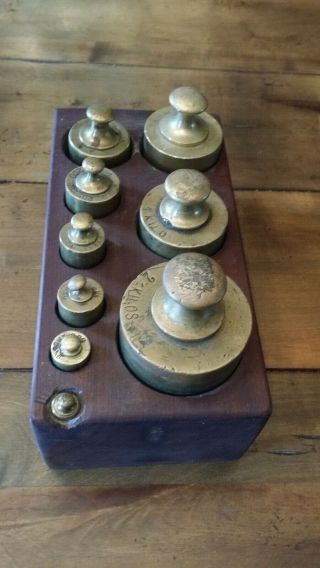 Vintage Brass Kg Scale Weights 9 Piece Set Kilo Wood Box 3