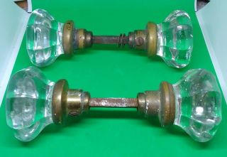 Set Of 2 Antique Octagonal Glass & Brass Door Knob Set Hardware
