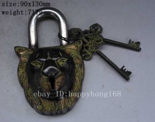 Collect Rare Old Chinese Ancient Bronze Animals Lion Head Door Key Lock D02