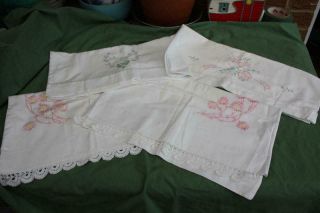 4 Vintage Cotton Pillowcases Embroidery Hand Crochet 29 X 17in And 32 X 18in