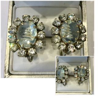Art Deco Jewellery Stunning Rare 3d Carved Xmas Tree Paste Set Clip Earrings