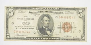 Rare 1929 $5.  00 National Currency Chicago Federal Reserve Bank - Brown Seal 555