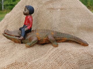 Vintage Rustic Hand Painted Cast Iron Rare Boy On An Alligator Statue Swamp
