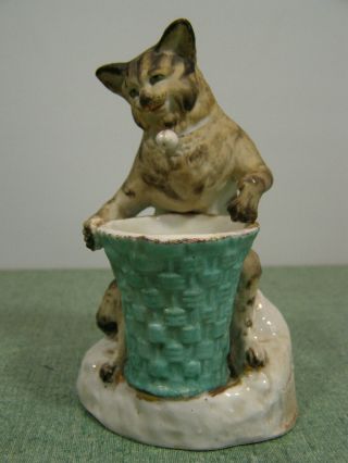 Antique German Porcelain Figural Cat & Basket Match Holder W/ Striker Victorian