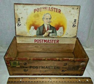 Antique Postmaster Wood Cigar Box Vintage Tobacco Mail Letter Virginia Smoking