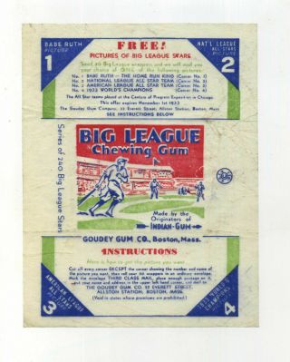Vtg Big League Chewing Gum Wax Wrapper Goudey 1933 Babe Ruth Antique Baseball