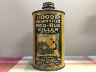 Antique 1928 Chicago Insecticide B Heller Co Bed Bug Killer 1 Pint Tin Cone Can
