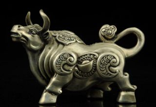 Chinese Hand Carved Cow And Sycee Copper Plating Silver Statue Collectibles E02