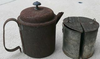 Antique Civil War Era ? 4.  25 " Tin Us Soldier Camp Coffee Divided Boiler Pot 4 Pc