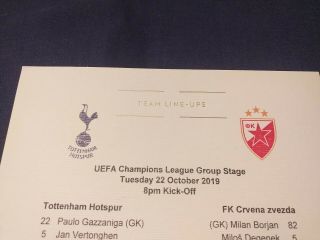 2019 - 2020 Tottenham V Red Star Belgrade Rare Official Team Sheet 22.  10.  19
