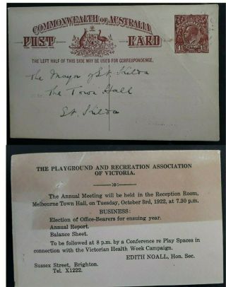 Rare 1922 Australia 1 1/2d Brown Pre Print Kgv Postcard Playgrnd Rec Assn Vic