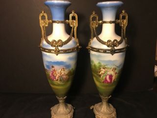 Pair Antique French Sevres Style Double Handled Urns Vases " Lovely Cherub Scene”
