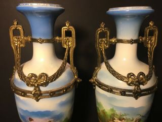 Pair Antique French Sevres Style Double Handled Urns Vases 