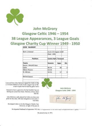 John Mcgrory Glasgow Celtic 1946 - 1954 Rare Hand Signed Cutting/card