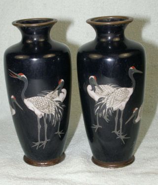 Pair Antique Japanese Cloisonne Cabinet Vases - Red Headed Cranes