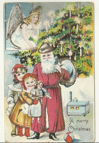 Antique Christmas Postcard Santa Claus W/ Long Red Robe Next To Two Small Girl