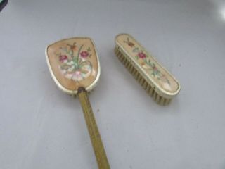Vintage Antique Gold Finish Vanity Dresser Set Hand Hair Brush Embroider Back