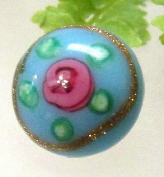 Vtg Diminutive Robins Egg Blue Glass Overlay Button W/ Pink Rosette E71