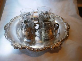 Sterling Silver Overlay Etched Glass Shot Glasses And Tray Hallmarked Set Of 4