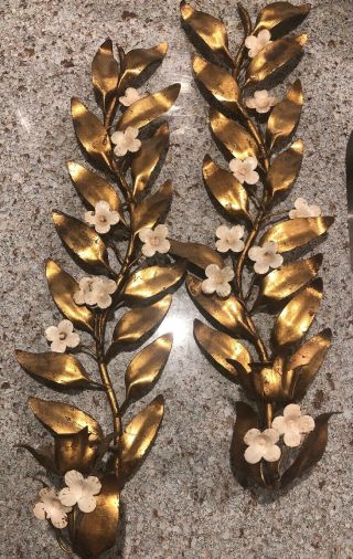 Pair Vintage Italian Hollywood Regency Tole Candle Wall Sconce Leaves Flowers