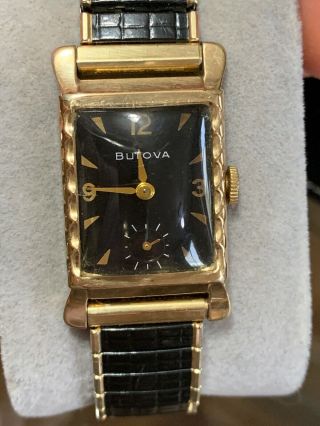 Rare 1953 Gents Bulova Wristwatch,  With Black Dial And Band,  Runs