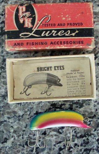 Vintage P&k Bright Eyes Fishing Lure And Paper Work