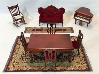 Group Vintage Bombay Company Miniature Dollhouse Furniture Table,  Chairs,  Piano