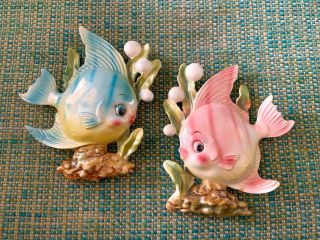 Rare Vintage 50’s Set Of 2 Norcrest Ceramic Fish Blue Pink Bubbles Wall Hanging