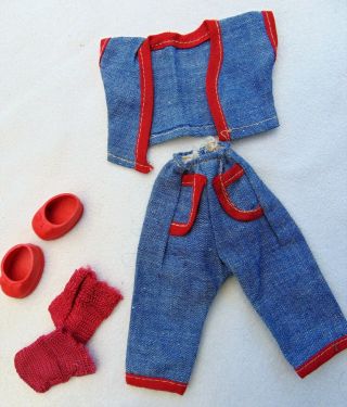 Vintage Doll Outfit For Ginny Size 8 " Doll Pants; Jacket & Red Shoes & Socks