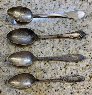 Lqqk (4) Antique Sterling Silver Souvenir Spoons (panama California Oregon Ohio)