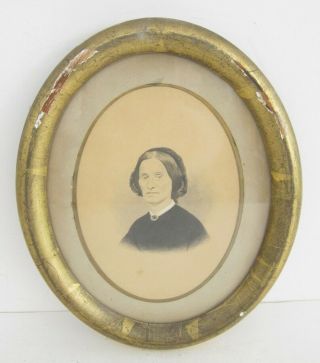2 Antique 19th C Victorian Portrait Ink Painting In Orig Oval Gilt Frame 9x11