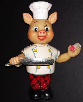 Rare 1950s Japanese Wind Up Tin Toy Litho Piggy Cook Flipping Pan Yonezawa