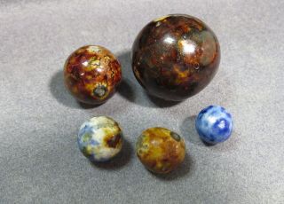 Vintage Fancy Bennington Blue & Brown Marbles Rare Find
