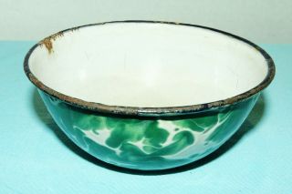 Rare Antique Vtg Emerald Green White Swirl 5 " Berry Bowl Enamelware Graniteware